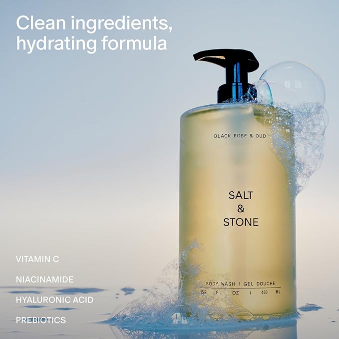 Salt & Stone Body Wash with Antioxidants for Deep Moisture | For Women & Men, Sulfate, Paraben, & Dye Free, Leaving Skin Soft and Hydrated | Black Rose & Oud Refill 32 fl oz