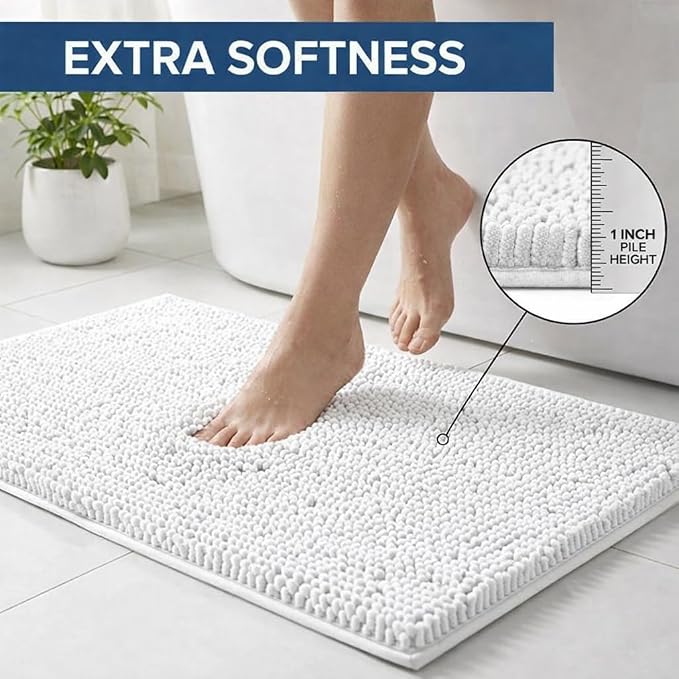 Bathroom Rugs Sets 2 Piece,Super Absorbent Chenille Bath Mats and U-Shaped Toilet Rug,Strong PVC Non Slip Backing,Microfiber Washable Dry Quickly Bath Mats for Bathroom(20"x32"+20"x20"U,White)