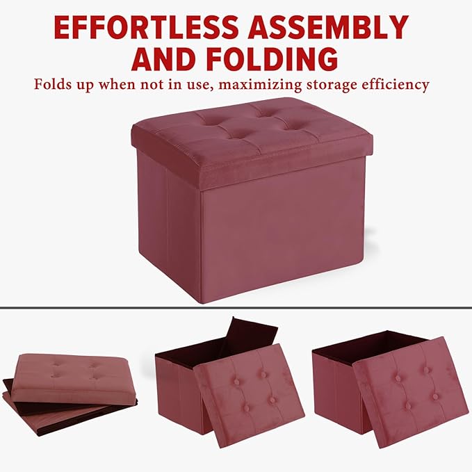 LINMAGCO Storage Ottoman Folding Foot Stool Velvet Footrest with Padded Modern Ottoman with Storage for Living Room Puppy Step Stool 17x13x13in(Jelly Pink)