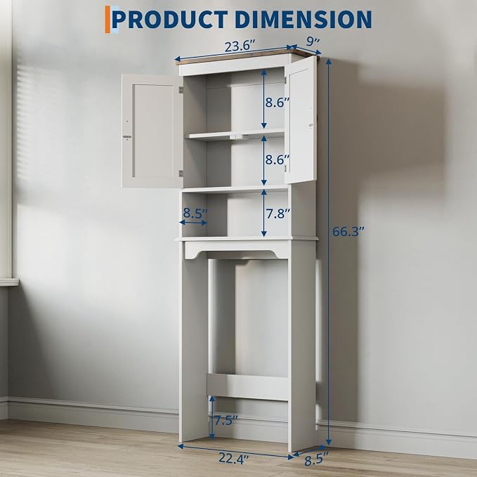 GarveeHome Over The Toilet Storage Cabinet, 66 in H Bathroom Space Saver Organizer with Double Doors & Adjustable Shelves Free Standing Toilet Shelf for Small Bathrooms, Easy Assembly, White