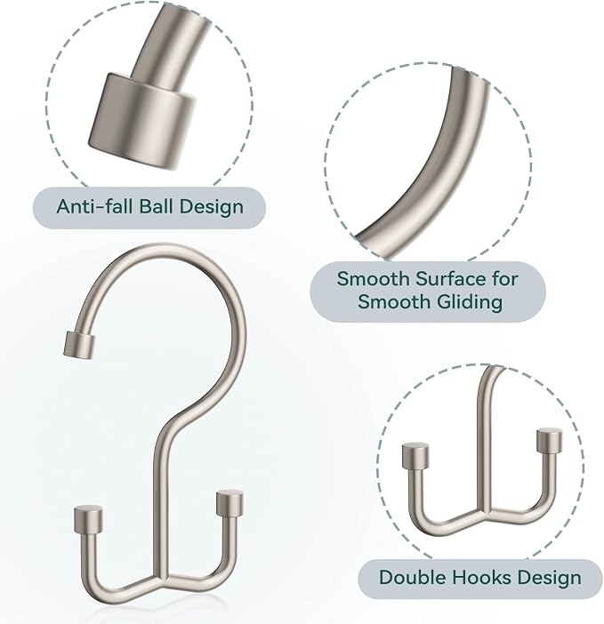 Goowin Shower Curtain Hooks, Shower Curtain Rings, Metal Shower Curtain Hangers Rust Proof, Double Glide Shower Rings for Curtain, Shower Hooks for Shower Curtain, Matte Nickel, 12 Pack-Cylinders