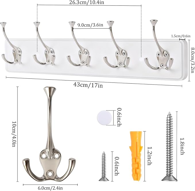 IBosins 2 Pack Coat Rack Wall Mount, 17'' Rustic Wooden Coat Hanger, Heavy Duty Metal Coat Hooks Rail for Entryway Closet Bathroom Coat Jacket Scarf Towel Hat
