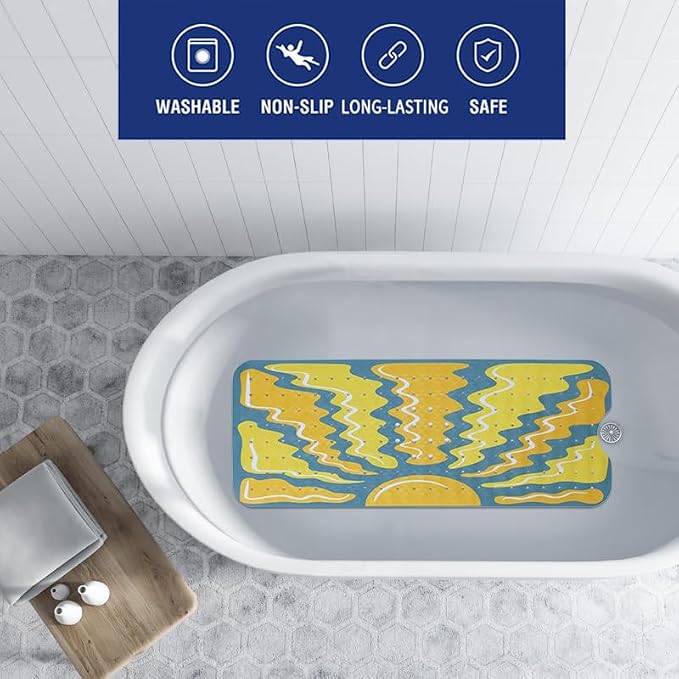 Sun Bathtub Mat Non Slip for Kids 40x16in Extra Long Anti Slip Bath Mat for Tub Abstract Art Bath Shower Mat with Large Drain Holes and Suction Cups Boho Sun Design Modern Minimalism Bathroom Decor
