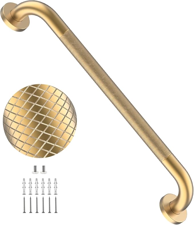 24 Inch Anti Slip Shower Grab Bar, YuanDe Brushed Gold Stainless Steel Bath Grab Bar, Knurled Bathroom Safety Rail, Shower Handrail Support, Handicap Elderly Balance Assist Handles-1.25" Diameter