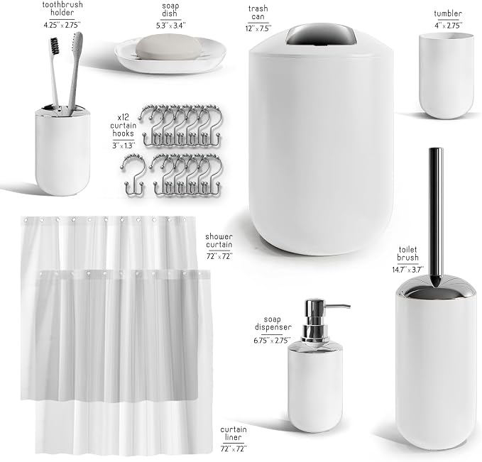 Clara Clark Bathroom Set - White Bathroom Accessories Set, 20PC Bathroom Accessory Set, Shower Curtain Set with Liner, Toothbrush Holder, Soap Dispenser, Soap Dish, Toilet Brush Holder, and Trash Can