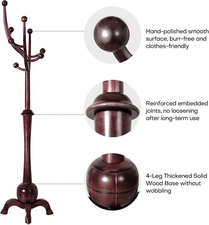 Bekrvio Coat Rack Freestanding Wood Tree Rack with 8 Hooks, Creative Design Tree Branch-look, Coat Tree Clothes Hanger Stand with Stable Sphere Base for Entryway, Hallway, Bedroom (Wine Red)