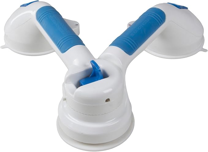 PCP Multi-Positional 180° Suction Grip Bathtub & Shower Handle with Color Lock Indicators, White, Blue/White