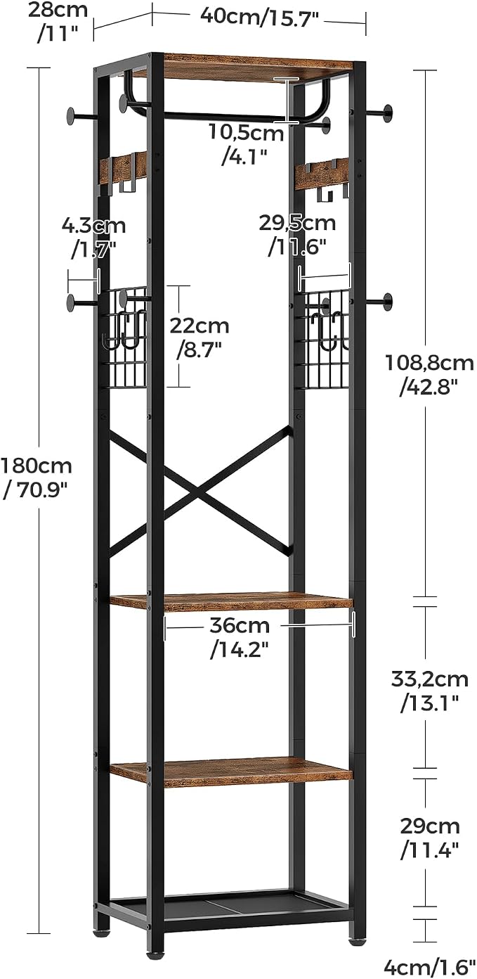 CHOEZON Coat Rack with Shelves, Freestanding Hall Tree, Coat Tree with 16 Hooks and Hanging Rail, Industrial Clothes Stand for Entryway, Hallway, Bedroom, Rustic Brown and Black TYM18BF
