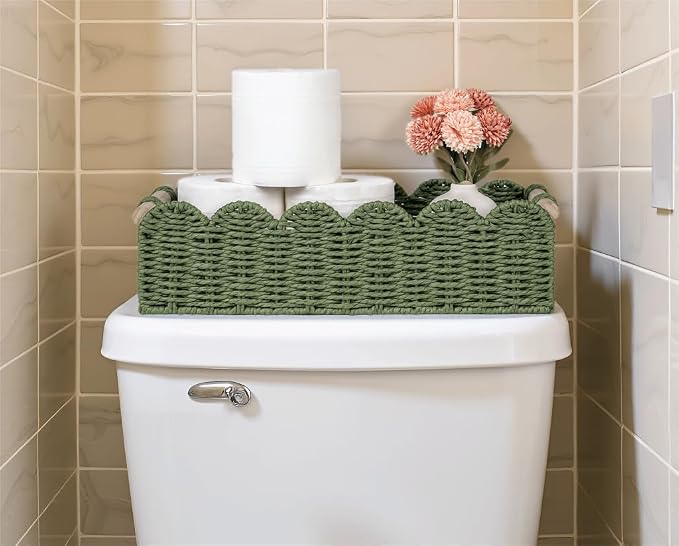 CubesLand Toilet Paper Storage Basket, Scalloped Edge Shelves Basket for Organizing for Over Toilet Tank Storage, Home Decor Baskets for Shelf, Countertop, Living Room, Bedroom, Handwoven, Green