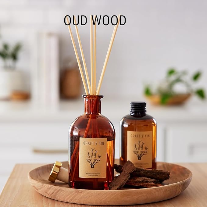 Craft & Kin Oud Wood Reed Diffuser – 5.75 oz Essential Oil Diffuser for Home & Bathroom – Up to 120-Day Fragrance with 8 Rattan Scent Sticks – Amber Glass Room Decor