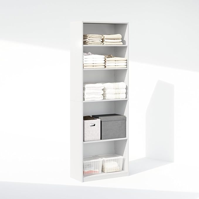 Furinno Reed Closet Organizers and Storage, 5-Tier Closet Organizer, Open Shelf Closet Storage, for Wardrobe, Bedroom, Living Room, White