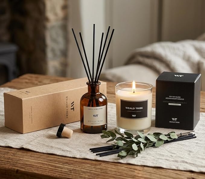 WEALD TRIBE Reed Diffuser Set for Bathroom Air Fresheners, Oil Diffuser Sticks with Flower | Eucalyptus & Mint Scent 4.0 fl oz Home Fragrance with Sticks Defusers | House Bedroom Office Shelf Decor