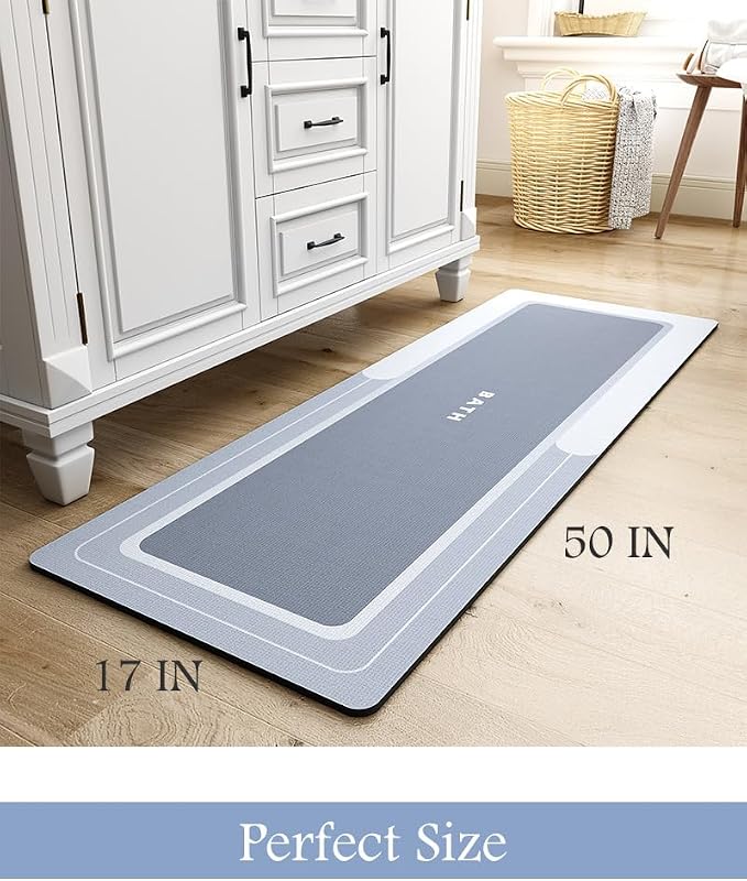 MontVoo-Bath Mat Rug Runner Long Bathroom Mat Non Slip Super Absorbent Stain Resistant Quick Dry Thin Bathroom Rug Fit Under Door-Bath Mats for Bathroom Floor Bathtub Vanity-Bathmat 17"x50" Blue