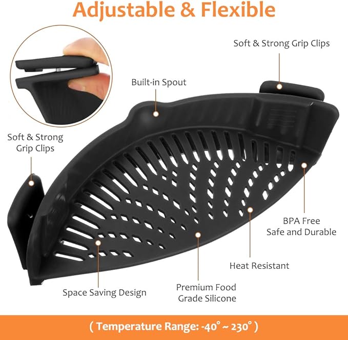 YEVIOR Clip on Strainer for Pots Pan Pasta Strainer, Silicone Food Strainer Hands-Free Pan Strainer, Clip-on Kitchen Food Strainer for Spaghetti, Pasta, Ground Beef Fits All Bowls and Pots (Black)