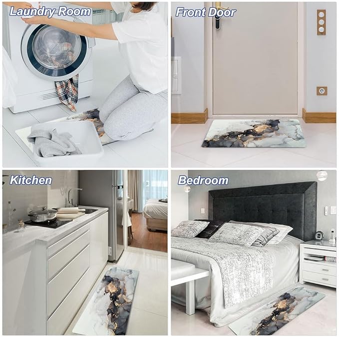 Mrcrypos 2 Pieces Luxury Black and Gold Marble Kitchen Mats PVC Leather Waterproof Non Slip Cushioned Standing Mats Anti Fatigue Kitchen Comfort Mats for Floor,Sink,Laundry,Office 17"x29"+17"x47"