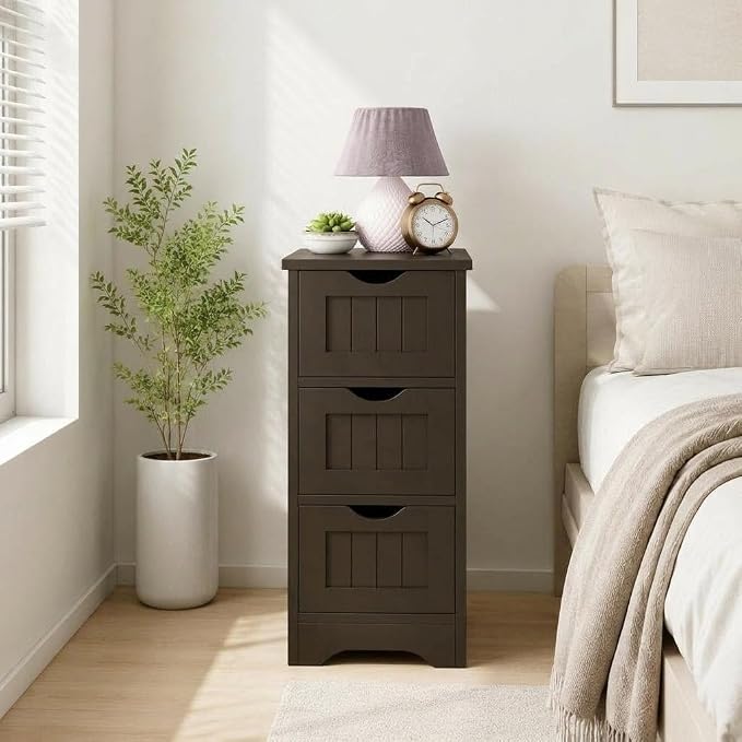 Floor Cabinet, Small Bathroom Storage Cabinet with 3 Removable Drawers & Anti-Toppling Device, Wooden Storage Cabinet for Bathroom Home Office Living Room Bedroom(Brown)