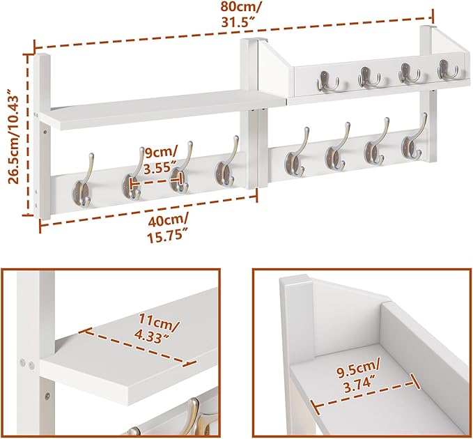YMYNY 31.5" Coat Rack Wall Mount with Shelf, 4 in 1 Key and Coat Hanger with 12 Metal Hooks, Wall Shelf with Hooks & Mail Holder for Living Room, Bedroom, White, HWS007W-2