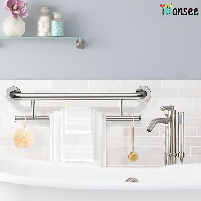 Polished Chrome Grab Bar 24 Inch w/Towel Holder, iHansee Stainless Steel Towel Rack Shower Support Balanced Support Handle, Wall Mount Safety Handrail Grab Rail for Elderly Senior Handicap Disabled