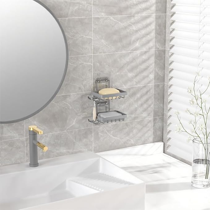 Moforoco Grey Double Soap Bar Holder for Shower, No Drilling, 304 Rustproof Stainless Steel, Wall Mounted Soap Holder with 4 Hooks and Razor Holder, Shower Rack Soap Tray Bar Soap for Bathroom
