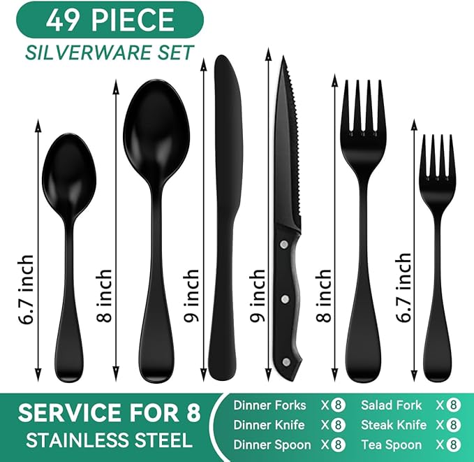 JUNLIN 49 Pieces Black Silverware Set with Steak Knives, Stainless Steel Silverware with Organizer Flatware Utensils Set for 8, Forks and Spoons Silverware Set Cutlery Set