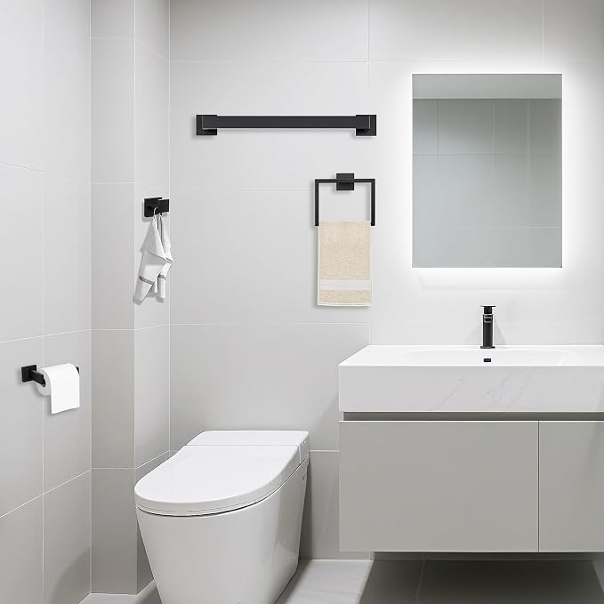 JOPOFI 5 Piece Bathroom Towel Bar Set - 23.6 Inch Bathroom Towel Holder, Thicken Stainless Steel Towel Racks for Bathroom Wall Mounted, Bathroom Hardware Accessories Set - Matte Black