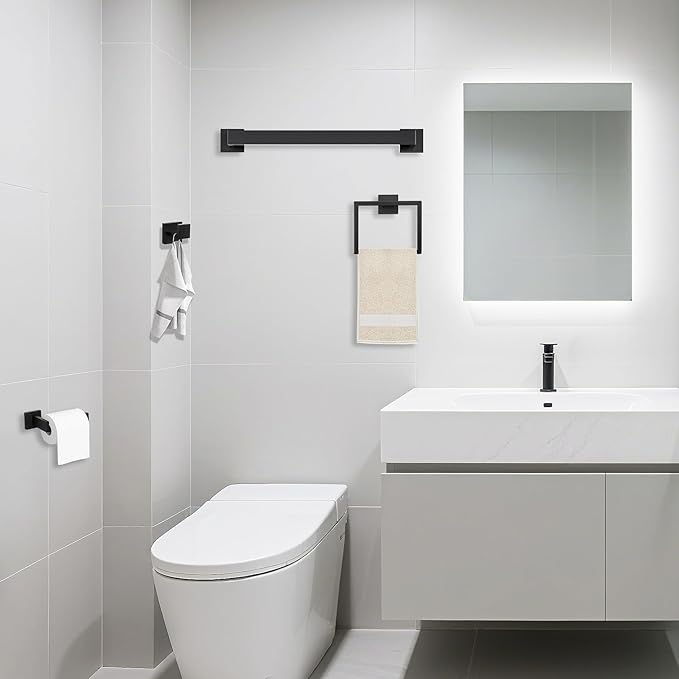 JOPOFI 5 Piece Bathroom Towel Bar Set - Thicken Stainless Steel Bath Towel Holder, 15.7 Inch Towel Racks for Bathroom Wall Mounted, Bathroom Hardware Accessories Set - Matte Black