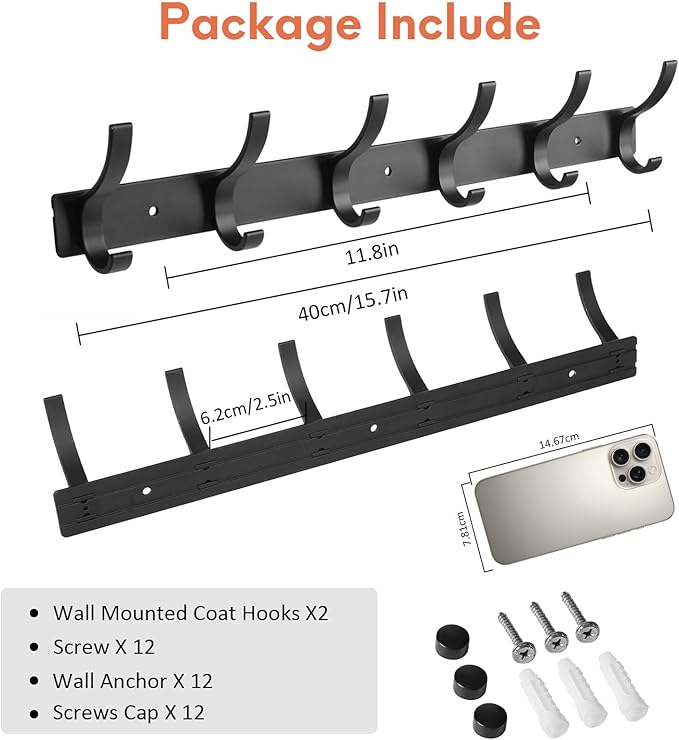 Optish Coat Rack Wall Mount, Coat Hook Wall Mount, Wall Hooks for Hanging, Hat Rack for Walls, Coats Hanger with 12 Hook, Towel Hooks for Bathrooms (1 Pack, Black)