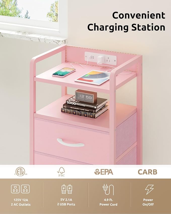 Lazzanto Night Stand Bedside Charger Bedroom - Nightstand with Charging Station & LED Light Strip, Night Stand with Storage Shelf & 2 Fabric Drawers, Morden End Table with USB Ports&AC Outlets,Pink