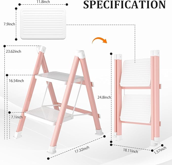 DIAMONDFORGE 2 Step Ladder, Folding Step Stool with Anti-Slip Wide Pedal, Anti-Slip Feet, Sturdiest Steel Construction, 330lbs Capacity Steel Ladder for Home and Office, Pink White