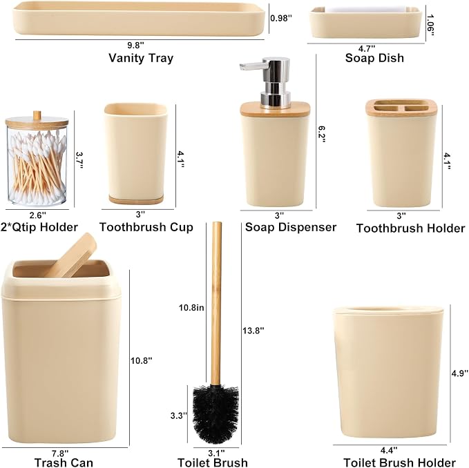 Beige Bathroom Accessories Set 9 Piece Bathroom Accessory Set with Trash Can,Toothbrush Holder,Toothbrush Cup,Lotion Soap Dispenser,Vanity Tray,Soap Dish,Toilet Brush,Qtip Holder