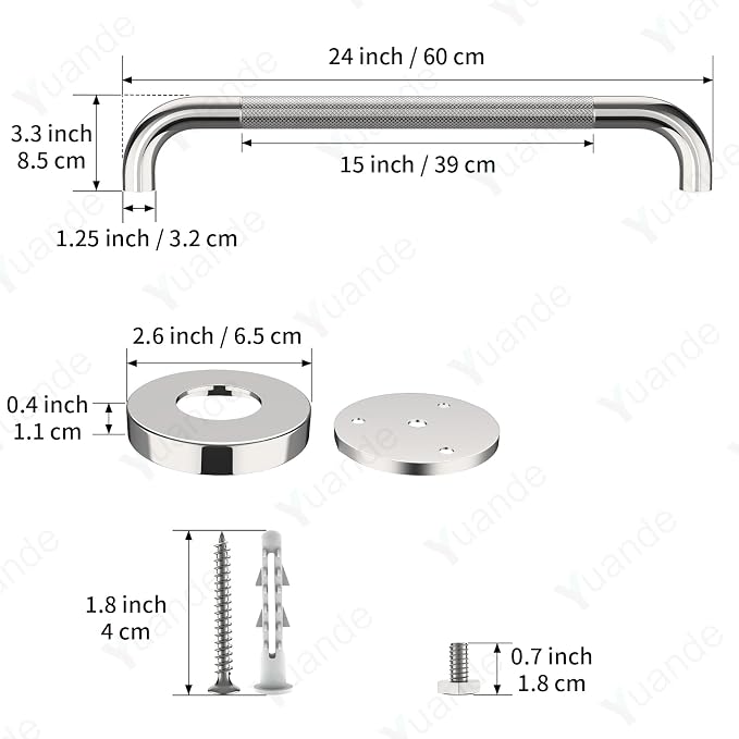 24 Inch Anti Slip Shower Grab Bar, YuanDe Polished Chrome Stainless Steel Bath Grab Bar, Knurled Bathroom Safety Rail, Shower Handrail Support, Handicap Elderly Balance Assist Handles-1.25" Diameter