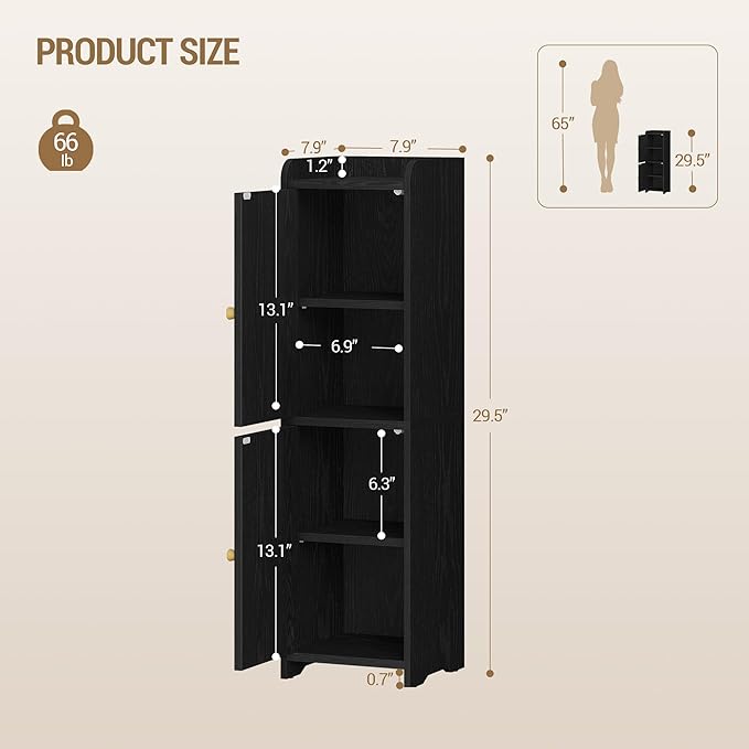 Hzuaneri Bathroom Storage Cabinet, Small Corner Floor Cabinet with 2 Doors and Adjustable Shelf, Narrow Toilet Paper Cabinets, Bathroom Organizer for Small Spaces, 7.9"D x 7.9"W x 29.5"H Rattan Black