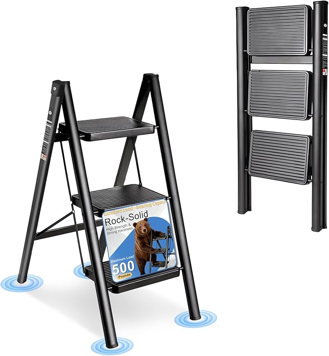 3 Step Ladder Folding Step Stool with 500LBS Capacity Sturdy Carbon Steel Frame Anti-Slip Thick Pedal & Feet Portable for Home Kitchen Garage (black-3step)