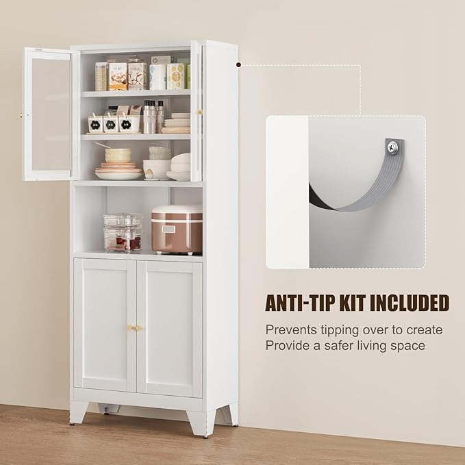 Bevivog 69" Pantry Cabinet,Tall Metal Storage Cabinet with 2 Glass Doors, Freestanding Display Cupboard Tall Bathroom Linen Cabinets with 5 Shelves Storage for Living Room Kitchen Pantry