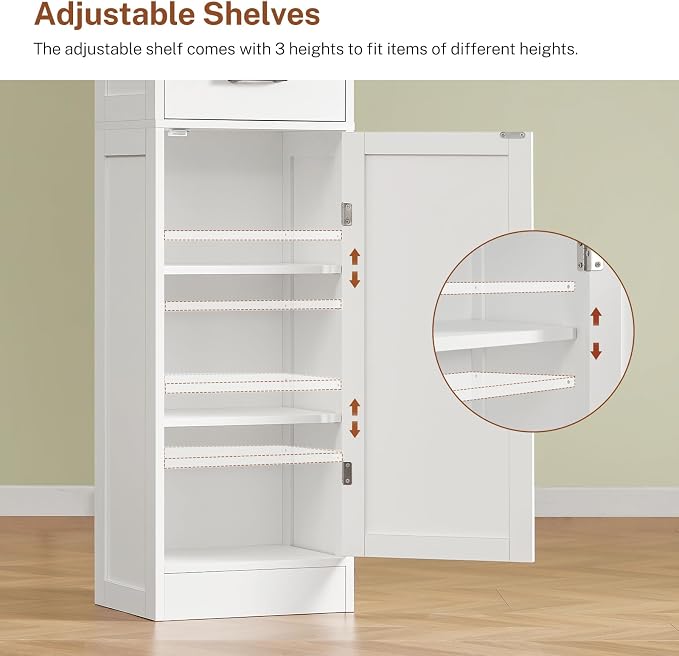 TEENFON Tall Storage Cabinet with 3 Door Shelves & 1 Drawer, Narrow Kitchen Pantry Cabinet for Living Room, Bathroom, Entryway, White