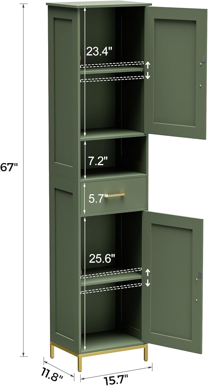 Homhedy 67" H Bathroom Storage Cabinet, Tall Storage Cabinet with Adjustable Shelves, Freestanding Cabinet with Doors and Drawer, Narrow Cabinet for Bathroom, Living Room, Kitchen, Dining Room, Green