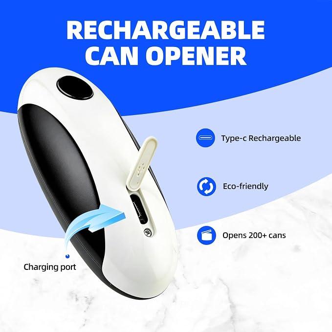 Rechargeable Electric Can Opener, One-Touch, Smooth Edge, USB-C Fast Charge, for Seniors, White