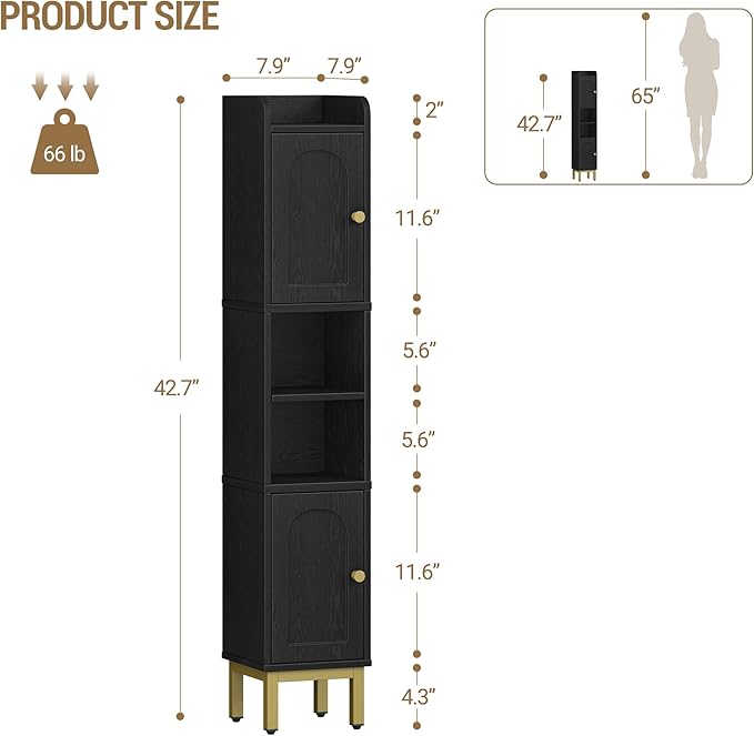 Hzuaneri Slim Bathroom Storage Cabinet, Narrow Bathroom Organizers and Storage with 4 Adjustable Feet, Laundry Room Organization for Small Space, Kitchen, Living Room, 2 Doors Black BC22404G
