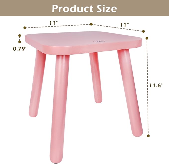 BEE&OAK 11 Inch Wooden Step Stools for Adults, Solid Rubber Wood Non-Slip Step Foot Stool, Heavy Duty 300 lbs One Step Stool for Bedroom, Bathroom, Kitchen,Outdoor (Pink)