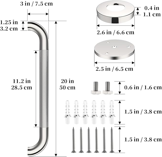 Chrome Bathroom Grab Bars 20 Inch, iHansee Anti Slip Grab Bar w/Knurled Grip, Stainless Steel Safety Handle for Bathtub, Wall Mounted Balance Support Handrail, Handicap Shower Bars for Senior Elderly