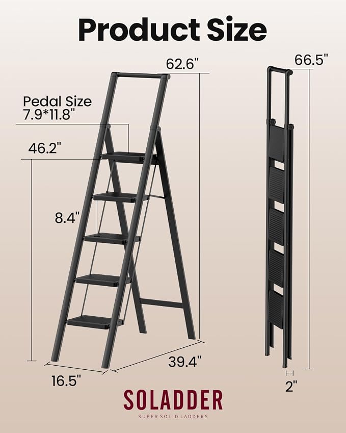 SOLADDER 5 Step Ladder, Folding Step Stool with Handgrip and Anti-Slip Wide Pedal, Portable Iron Stepladder for Kitchen, Home, Library, Office (300 lbs Capacity) - Black