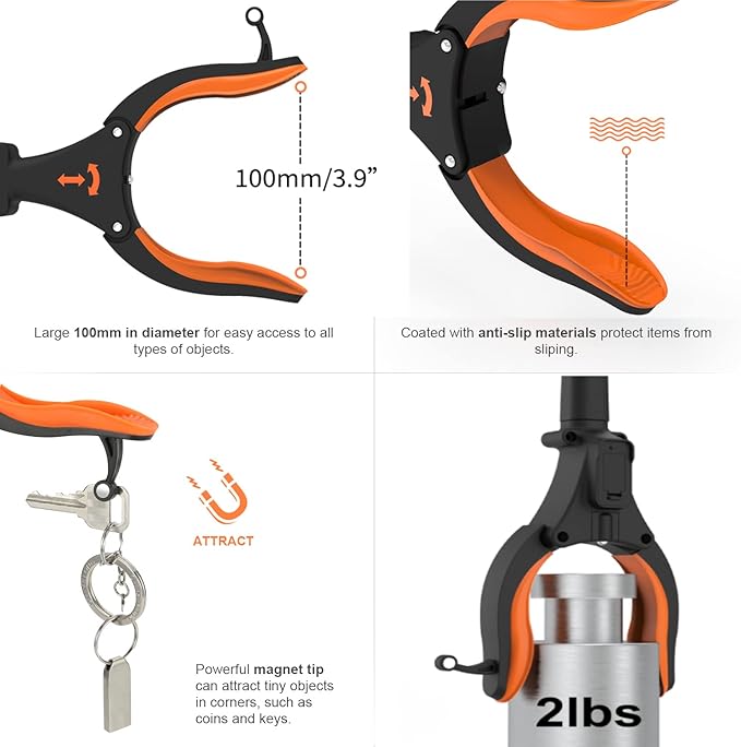 2-Pack Grabber Reacher Tool, 32" Grabbers for Elderly, Trash Picker Grabber with Light, Extended Claw Reacher Tool, Foldable Pick Up Grab Tool, Magnetic Sticks Grippers for Reaching (Orange)