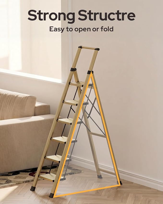 6 Step Ladder for 12 Feet High Ceiling, Lightweight Aluminum Folding Step Stool with Convenient Handgrip, Stepladders with Anti-Slip and Wide Pedal for Home Use Space Saving - Gold