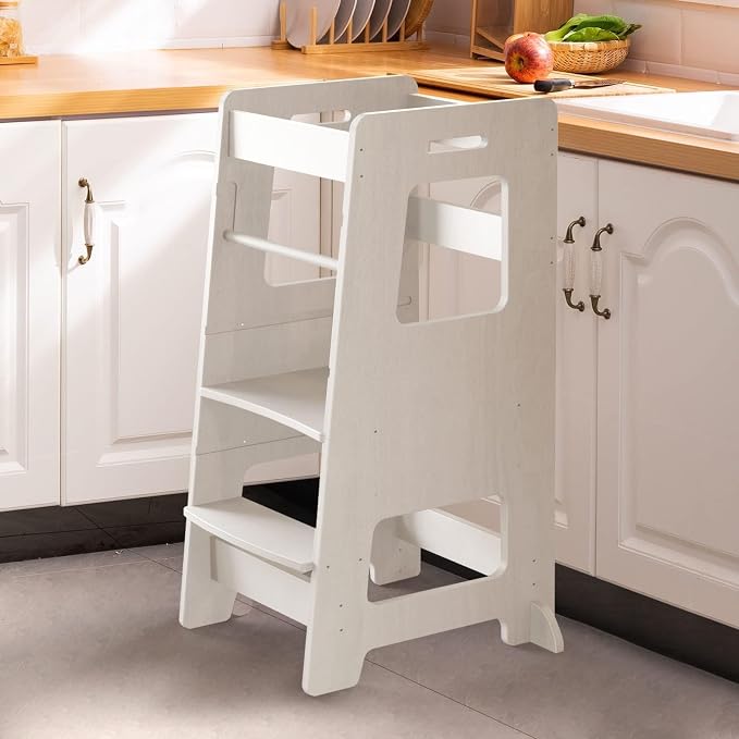 Kitchen Step Stool, WOOD CITY Toddler Kitchen Stool Helper with Safety Rail, Height Adjustable Child Standing Tower Learning Stool for Counter and Bathroom Sink (White)
