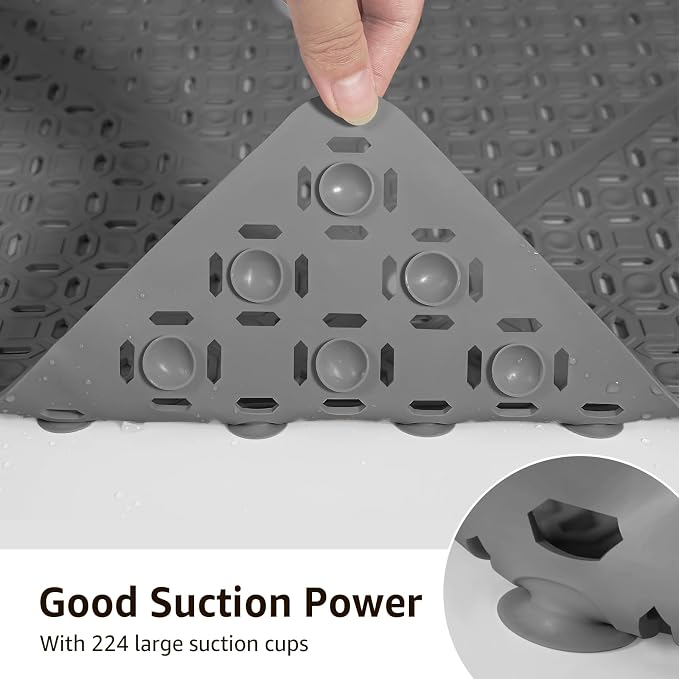 Yolife Square Shower Mat, 27" x 27" Large Shower Mat with Center Drain Hole, Soft TPE Non Slip Shower Mats for Inside Shower with Suction Cups, Anti Slip Washable Shower Floor Mat, Dark Grey