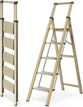 WOA WOA 5 Step Ladder, Ladders for Home, Anti-Slip Pedals, Aluminum Step Stool Foldable, Lightweight to Move, Ease of Storage, Reach 10ft for Closet Kitchen Library, Hold 300lbs - Gold