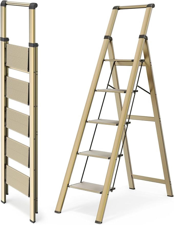 WOA WOA 5 Step Ladder, Ladders for Home, Anti-Slip Pedals, Aluminum Step Stool Foldable, Lightweight to Move, Ease of Storage, Reach 10ft for Closet Kitchen Library, Hold 300lbs - Gold