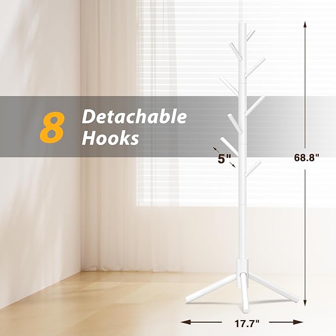 Coat Rack, Coat Racks Freestanding with 8 Hooks 3 Adjustable Heights for Clothes, Hats, Handbags, Coat Tree Easy Assembly for Entryway, Bedroom, Hallway, Office(White)