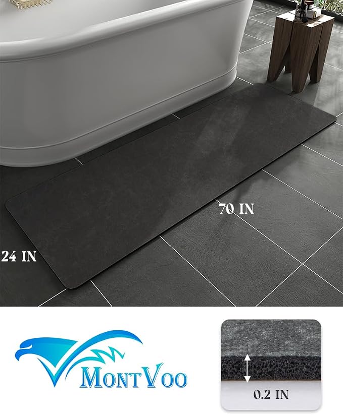 MontVoo -Bath Mat Rug-Rubber Backing Non Slip Quick Dry Absorbent Thin Bathroom Rugs Fit Under Door-Faux Suede Surface Bathroom Floor Mats-Shower Rug for in Front of Bathtub Shower Dark Grey 24"X70"