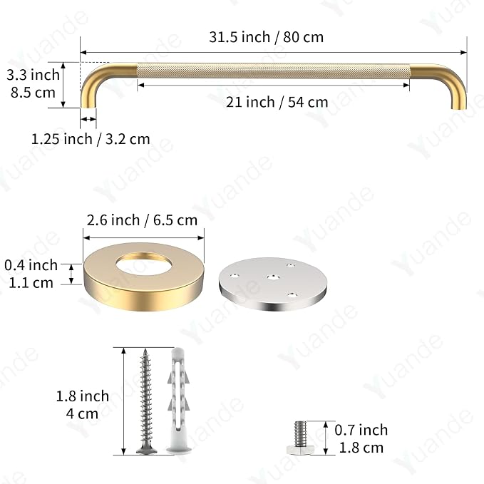 32 Inch Brushed Gold Shower Grab Bar with Anti-Slip Knurled Grip,YuanDe Stainless Steel Bathroom Grab Bars，Shower Handrail Support, Handicap Elderly Balance Assist Handles